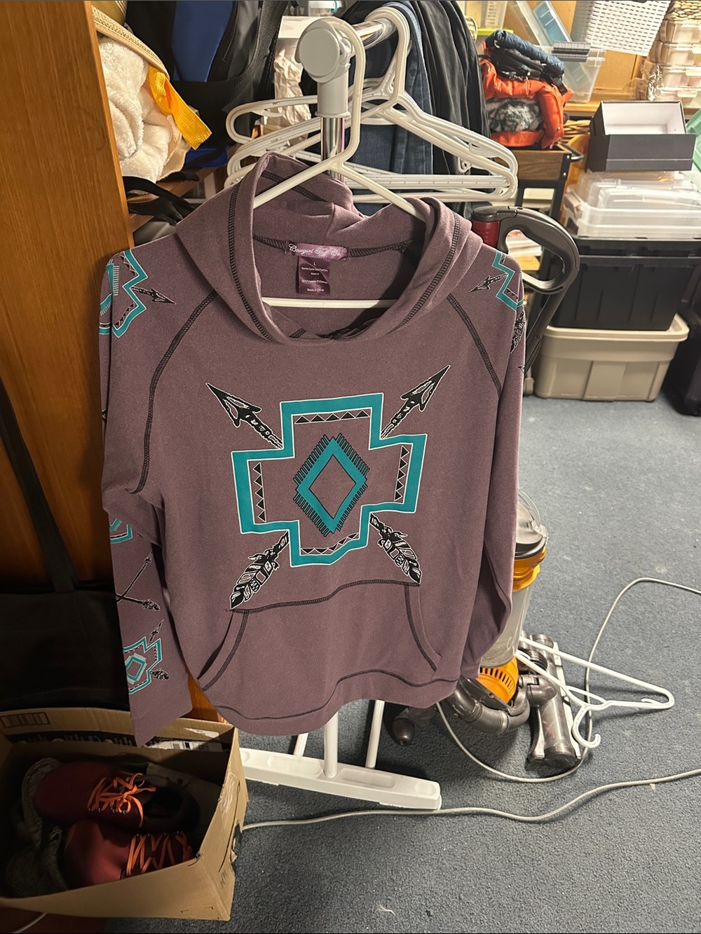 Women’s Purple Hoodie with Teal Geometric & Feather Print